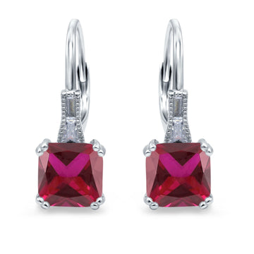 Cushion Cut Dangling Leverback Wedding Earrings Simulated Ruby CZ 925 Sterling Silver (15mm)